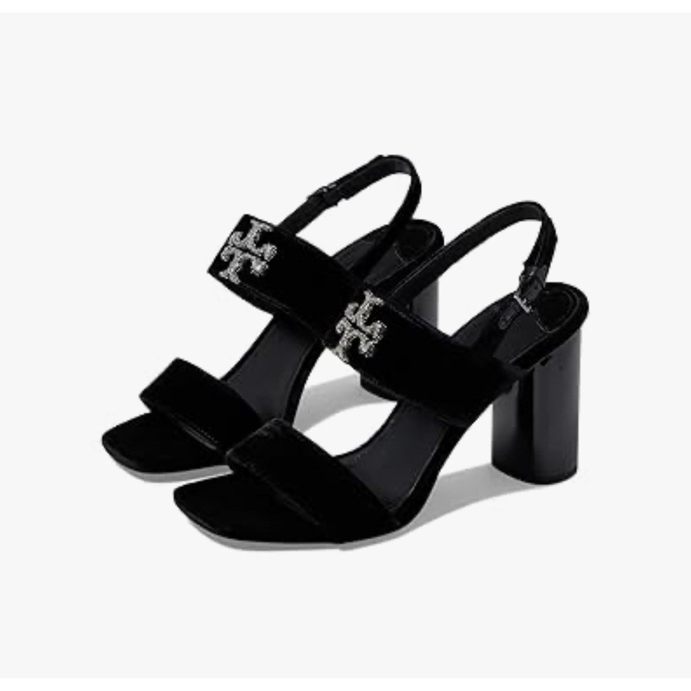 Tory Burch Eleanor Pave Heel Sandal in Black Velvet Leather Rt-428$ Sz-9.5